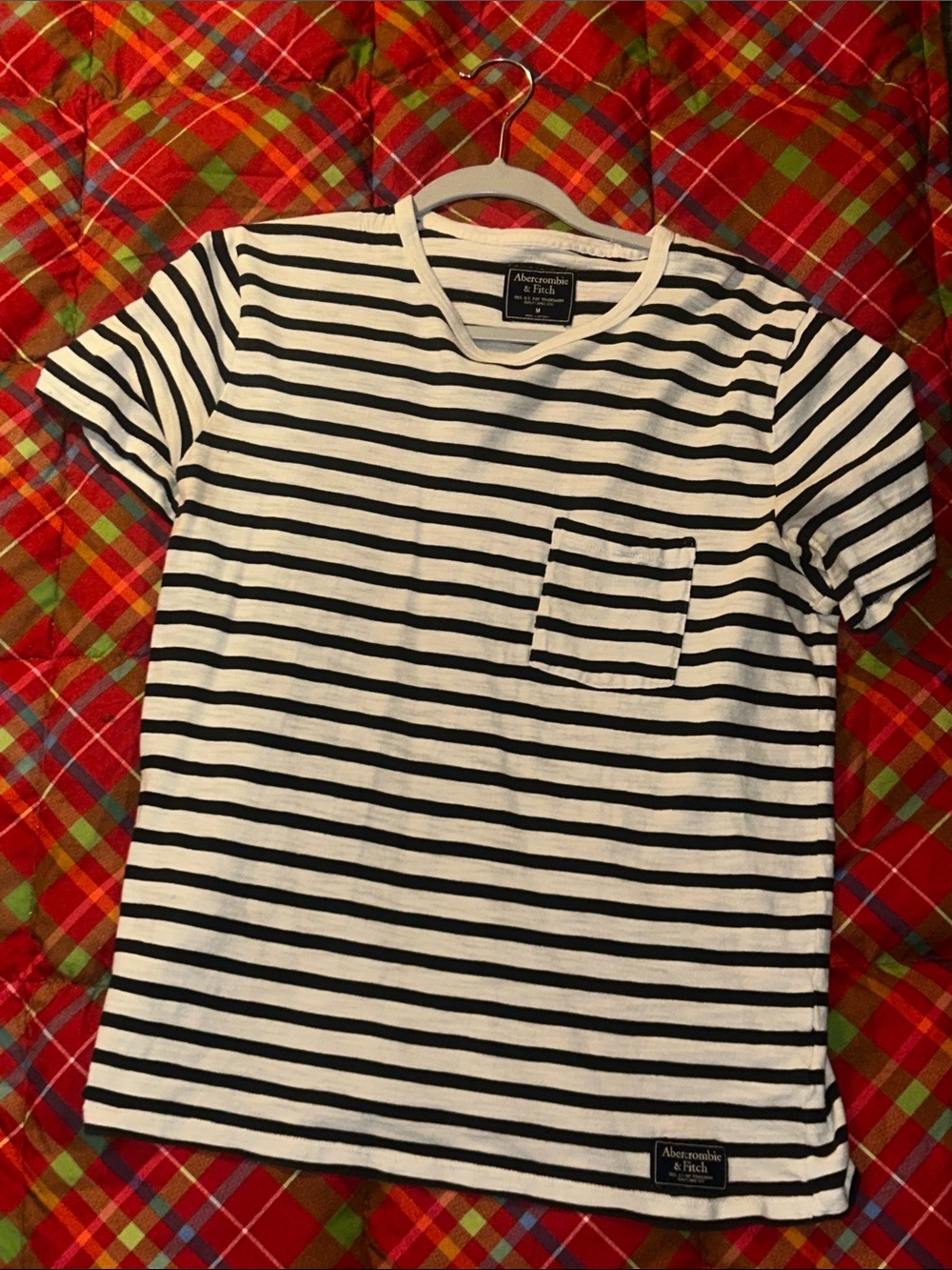 Abercrombie & Fitch Black and White Striped Pocket Tee